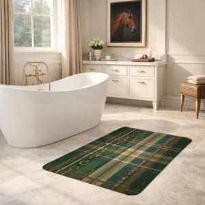 Hunter Green Plaid with Snaffle Bit  Artwork Memory Foam Bath Mat