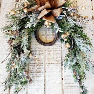 Frosted Winter English Horseshoe or Western Stirrup Swag Wreath -  English Country Christmas Decor - Horse and Hound Collection