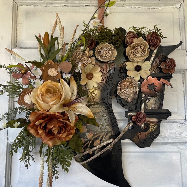 Cabeza de caballo de madera para doma clásica, decoración de pared en cobre dorado y dorado - Corona floral tricolor - Colores personalizados disponibles - Caballo de silla/de paso