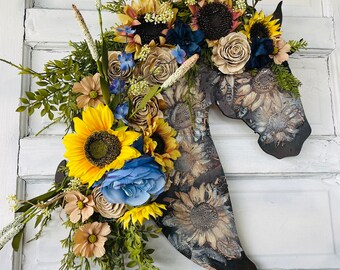 Terracotta Sunflower Hand Painted Southwestern Wood Horse Head Wreath - Mustang Horse Wall Decor - Farmhouse Front Door - Horse Lovers Gift