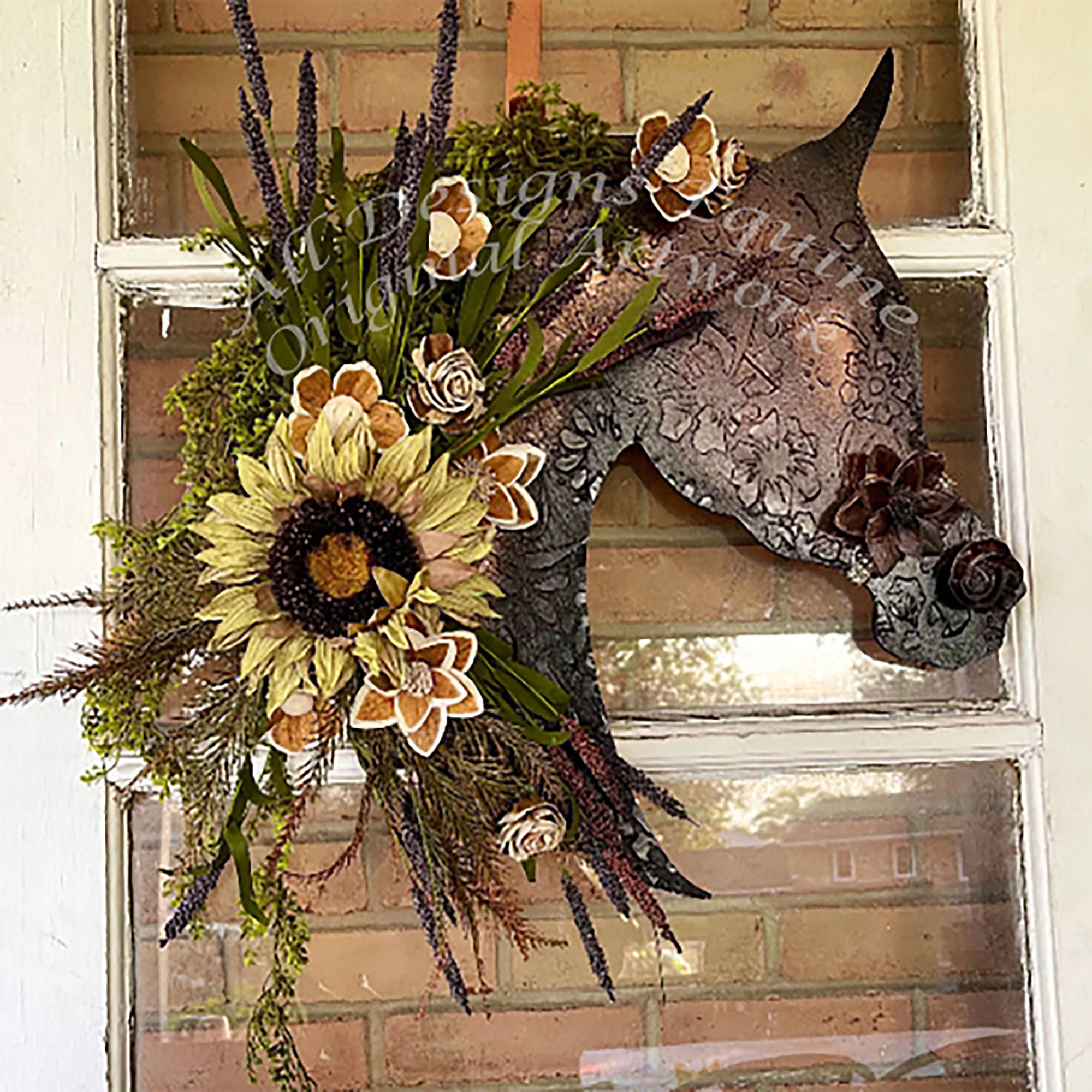 L,1pc Debouor Christmas Dressage Wood Horse Head Door Hanger Spring Horse Wreath Garland Wall Decor Equestrian Wooden Flower Wreath Welcome Sign for Front Porch Xmas Tree Decorations