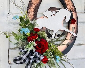 Run for the Rose&#39;s Kentucky Derby Racing Horses Wreath - Derby Party Barn Decor - Farmhouse Front Door Decor - Equestrian Horseshoe Wreath
