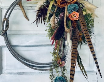 Southwestern Deer Antler & Feather Floral Lasso Wreath - Cowboy Lariat Rope Wreath - Farmhouse Front Door Decor - Rustic Country Door Hanger