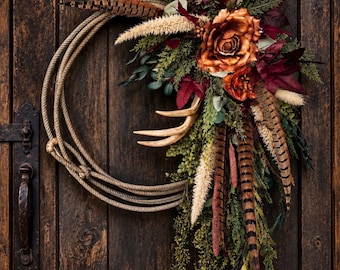 Deer Antler & Pheasant Feather Floral Lasso Wreath - Cowboy Lariat Rope Wreath - Farmhouse Front Door Decor - Rustic Country Door Hanger