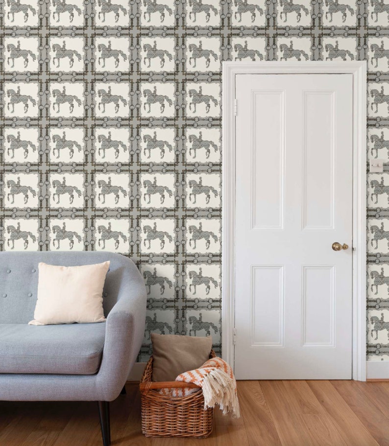 Ridtapet Dressyrhästkonst Ridhemsinredning Ridkonst Accentväggtapet Lantligt tapet Mönster med bett och tygel bild 6