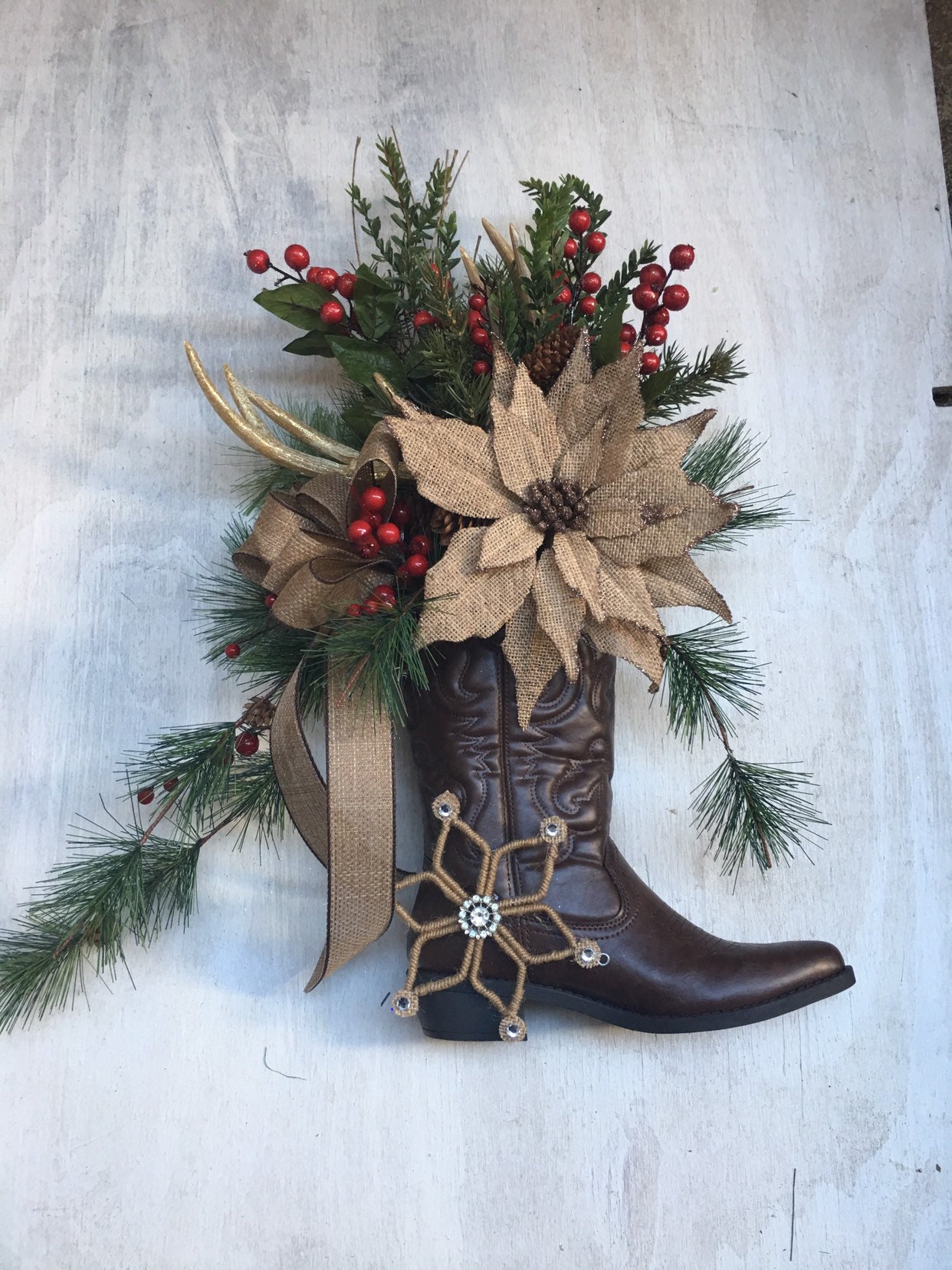 Cowboy Christmas Boot Wreath With Antlers Deer Antler Wreath - Etsy