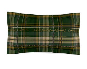 Green Tartan Plaid with Equestrian Bit Microfiber Pillow Sham. Hunter Green Snaffle Bit plaid.