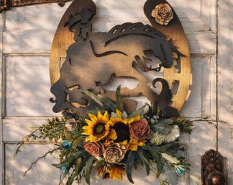 Ghirlanda portafortuna a ferro di cavallo del sud-ovest - Design per cavalli da reining - Cavallo con arresto scorrevole western - Cavallo "Let it Slide" - Decorazioni equestri per la casa