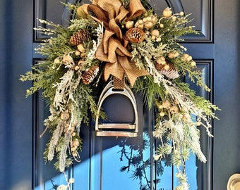 Frosted Winter English Stirrup Swag Wreath - Horse and Hound Collection - English Country Rustic Chic Equestrian Christmas Decor