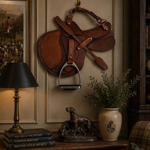 Suéter de caçador Fox and Hound, em couro, latão e madeira, uma obra de arte. Decoração autêntica em couro e estribo inglês para porta de celeiro - presente para amantes de cavalos.
