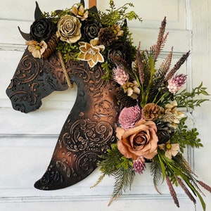 Leather Look Wood Flower Horse Head Wall Art Door Wreath Faux Leather Western Tooled Cowboy Art Rustic Lariat Decor Horse Lover Gift image 2