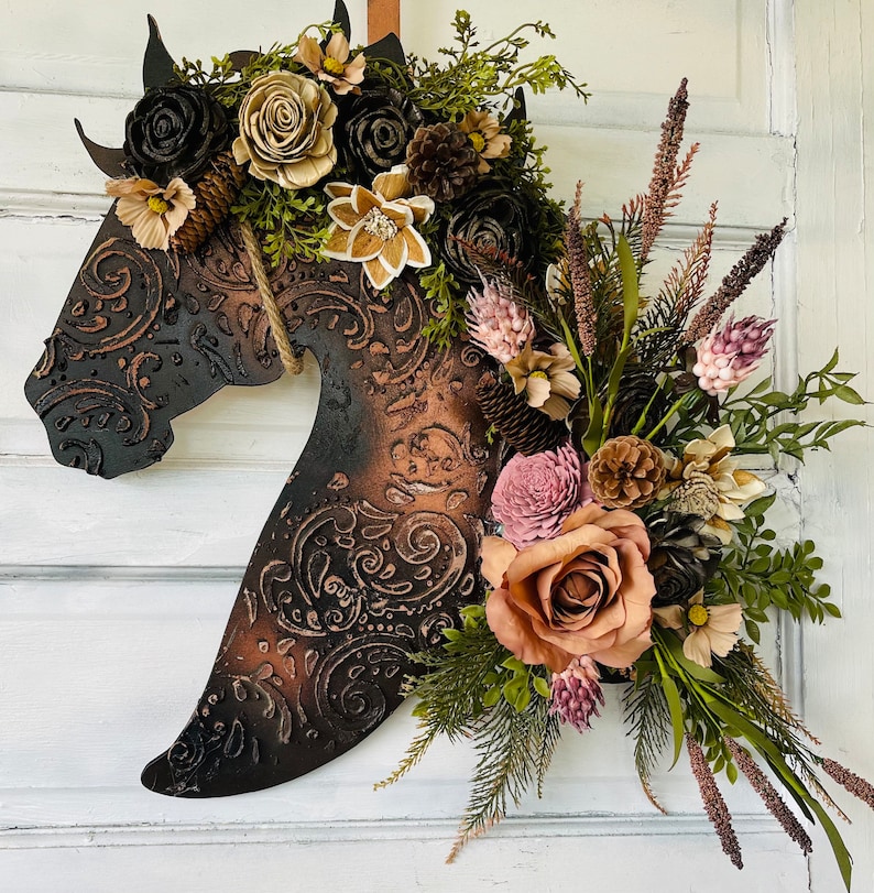 Leather Look Wood Flower Horse Head Wall Art Door Wreath Faux Leather Western Tooled Cowboy Art Rustic Lariat Decor Horse Lover Gift image 2
