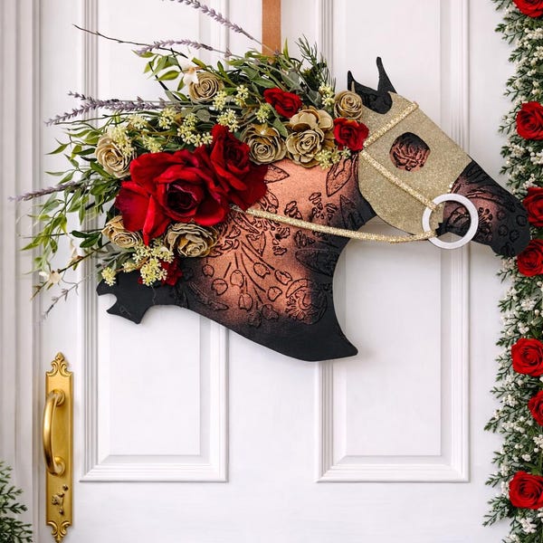 Corona con cabeza de caballo "A Run for the Rose" - Adorno para puerta ecuestre del Derby de Kentucky - Decoración para fiestas temáticas de carreras de caballos - Decoración para establos de carreras de caballos