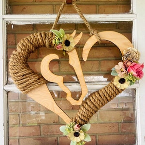 Rustic Romantic Heart Shaped Wood Flower Horse Head Wall Art Door Hanger - Equine Wreath - Mothers Day Gift - Rope Wrapped  Equestrian gift