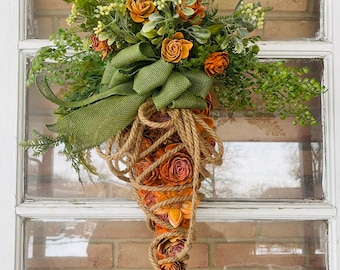 Rustic Organic Carrot Wreath - Wood Flower Burlap Rope Bow Easter Door Hanger - EXPRESS Shipping Available!