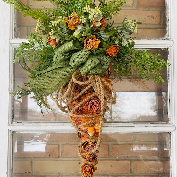 Rustic Organic Carrot Wreath - Wood Flower Burlap Rope Bow Easter Door Hanger - EXPRESS Shipping Available!