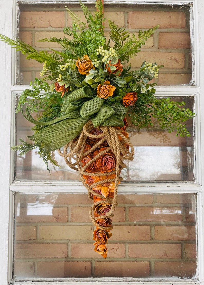 Rustic Organic Carrot Wreath Wood Flower Burlap Rope Bow Easter Door Hanger EXPRESS Shipping Available image 1