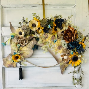 Sunflower Hand Painted Arabian Horse Head Wreath - Equestrian Artisan Horse Front Door Decor - Horse Wreath w/ Tassel Bridle