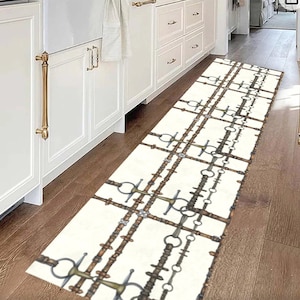Ivory Equestrian Reins and Snaffle Bits Runner Rug - Shimmer Rug With Rubber Backing - Equine Home - Horse Lovers Gift