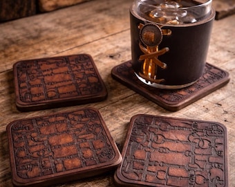 Leather Equestrian Party  Decor SET :  2 Snaffle Bit design Whiskey Glasses  with Leather Coozie PLUS  two Leather and Wood Coasters.