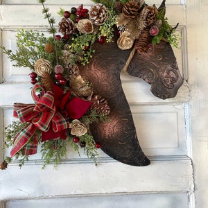 Leather Look Berry and Pine Horse Wreath With Poinsettia and - Etsy