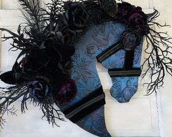 Friesian Halloween Dark Wood Flower Horse Head Wall Art or Door Hanger - Headless Horseman Creepy, Beautiful Door Hanger