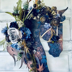 Blue Autumn/EveryHorse EveryDay Horse Head Wreath/Wall Decor - Black Horse Lover - Blue Floral Front Door Hanger - Multi-Media Horse Art