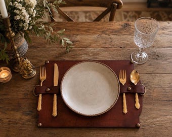 Leather Table PlaceMat . My Signature  Leather Table Decor.  Leather placemat with Brass details and Silverware holders.