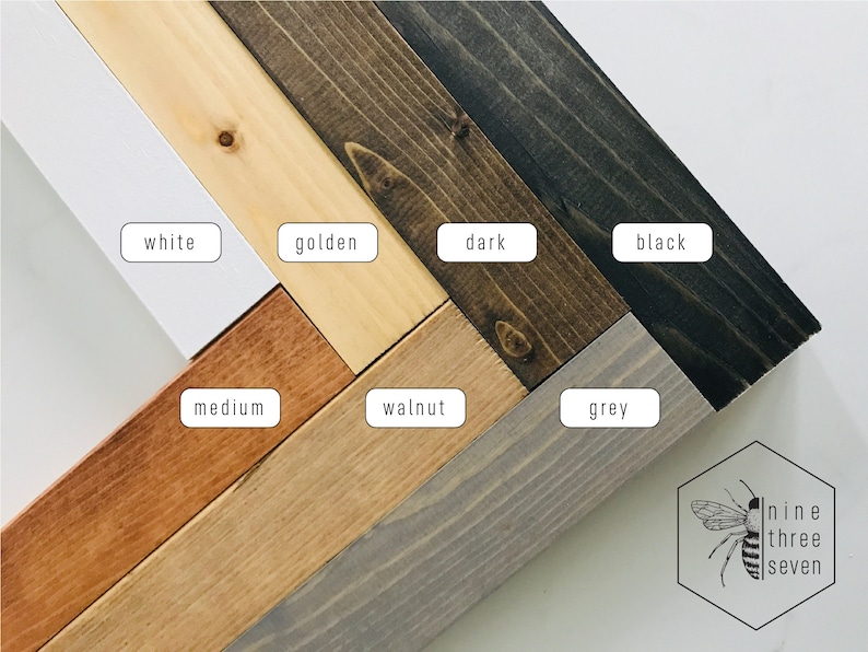 May include: Wood samples in various colors, including white, golden, dark, black, medium, walnut, and grey. The samples are arranged in a diagonal pattern. The image includes the text "nine three seven".