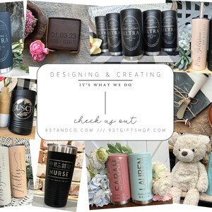 May include: A collage of various personalized tumblers and other items, including a leather coaster with the text "Boost" and a pink tumbler with the text "Mrs. Goldstein Est. 5.19.2022". The tumblers are in various colors and feature different designs and text.