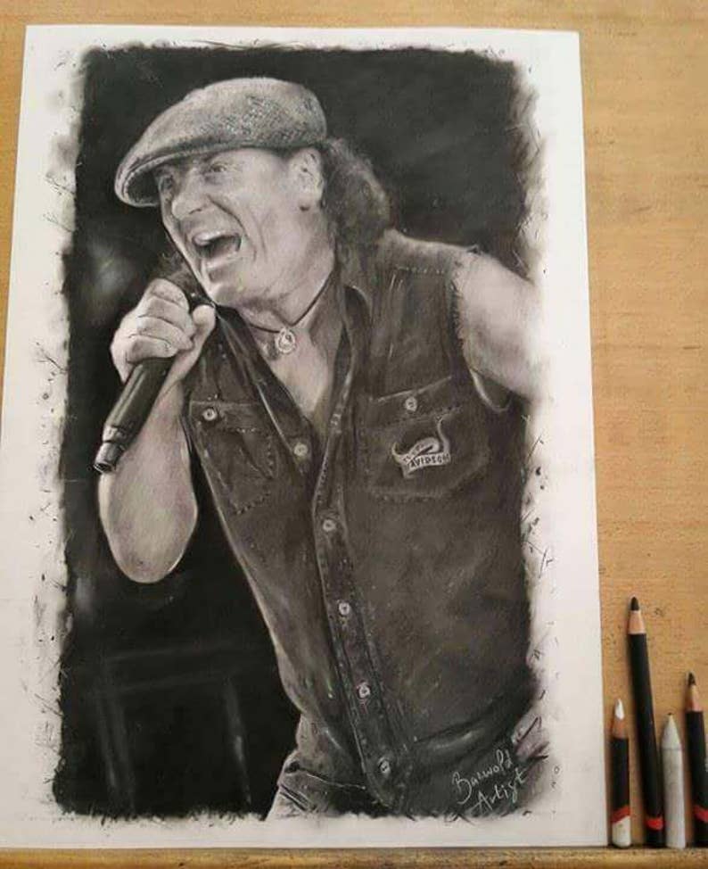 Original Hand Drawn Charcoal Pencil Portrait AC/DC Brian - Etsy