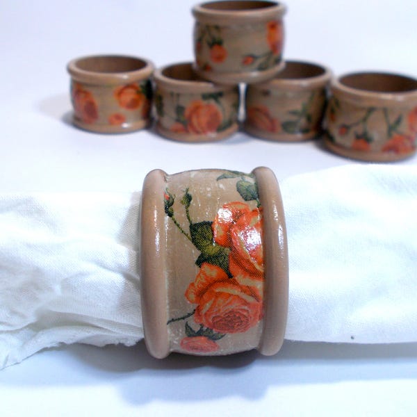 Set of 6 lovely napkin holder rings Decoupage wooden napkin rings shabby chic romantic rose design, handmade, vintage look, unique