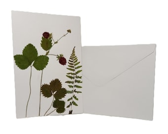 Handmade real dry pressed fern and wild strawberry Herbarium greeting card botanical herbal white eco kraft card set with envelope