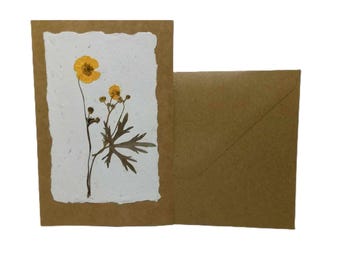Handmade paper dry Pressed Flowers Botanical Card Herbarium Art with Envelope Meadow Buttercup