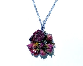 Real rose pendant lucky charm rose buds necklace botanical jewelry pendant handpicked dry plants roses amulet unique gift
