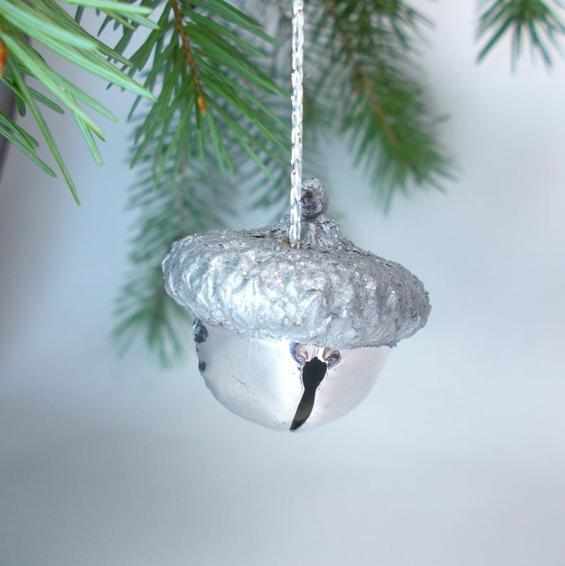 Set Of 5 10 Large Jingle Bells Acorn Ornaments Silver Decor Etsy