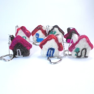 Può includere: Un set di sette portachiavi in feltro a forma di casa con tetti e dettagli di diversi colori. Ogni portachiavi è dotato di un anello a forma di cuore argentato e una catena argentata.