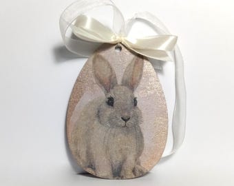 Hand-Painted Easter Bunny Wooden Ornament, Spring Decor (10cm) Rose Pink or Green Base