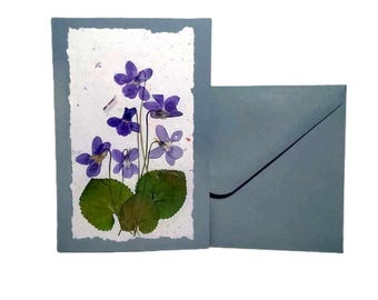 Dry Pressed Wild Flowers Botanical Card Handmade paper Herbarium Art with Envelope Violets