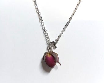 Real rose pendant single rosebud necklace botanical jewelry handpicked dried rose amulet charm