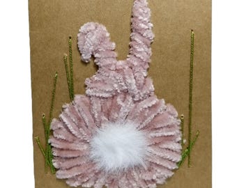 Embroidered greeting card Handmade happy Easter bunny Hand-Stitched eco kraft card set with envelope