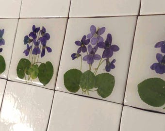 Herbarium tiles with Real dry violets 10x10 cm single decorative Tile mural Wall Art Natural Botanical border tiles