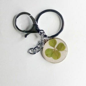May include: A silver keyring with a round charm featuring a four-leaf clover pressed inside clear resin.