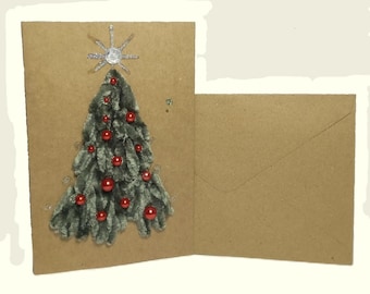 Embroidered greeting card Handmade Christmas tree Hand-Stitched eco kraft card set with envelope