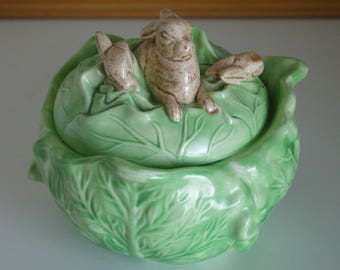 Vintage Holland Mold Cabbage serving Bowl with Brown Rabbit handle Lid