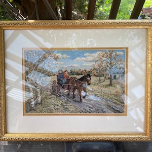 Petit Point framed Needlepoint Horse and Buggy old time scene