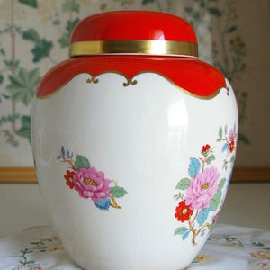 Sällsynt vintage ingefärsburk med matchande lock med krona och blommönster från Devon