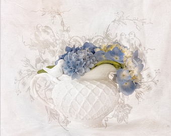 Floral Wall Art. Photographic Print. Blue White. Hydrangea. Teapot. Romantic. Delicate. Painterly. Botanical Art. Shabby Chic. Farmhouse.
