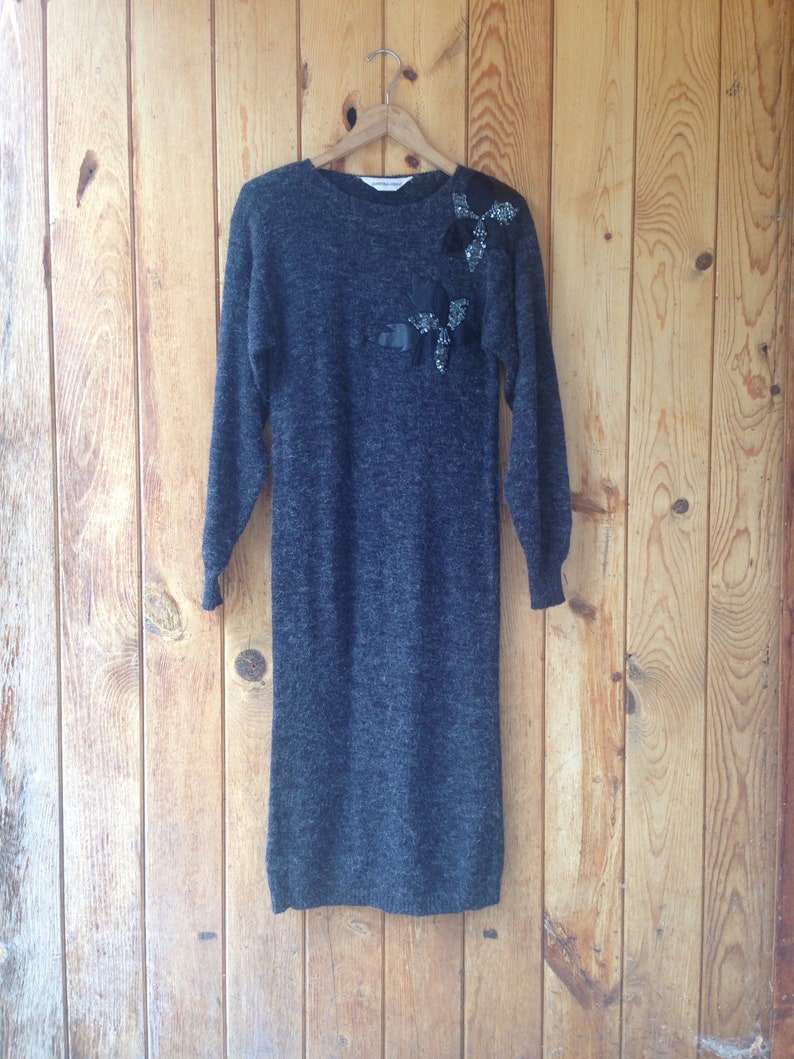 1980/'s Christina Grant Sweater Dress Wiggle Pencil Maxi Applique Long Sleeve Charcoal Grey S-M-L One Size