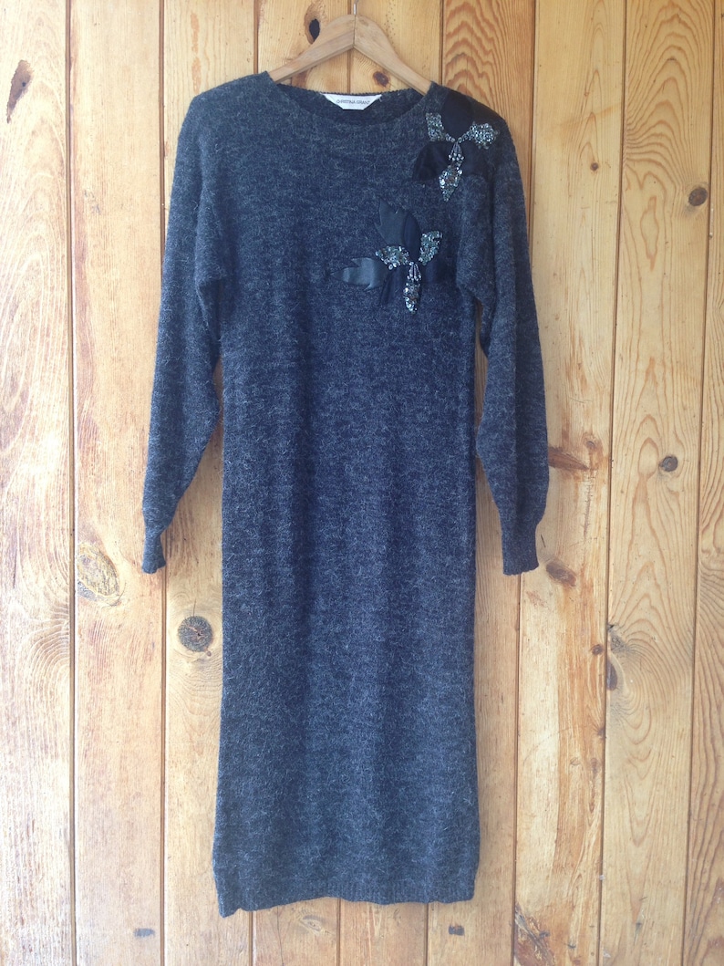 1980/'s Christina Grant Sweater Dress Wiggle Pencil Maxi Applique Long Sleeve Charcoal Grey S-M-L One Size